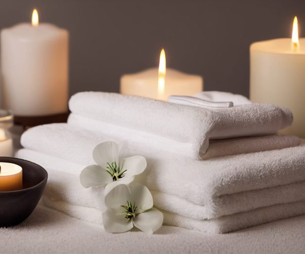 Natural relaxing spa composition, massage table in wellness center with towels,jasmine flowers salt