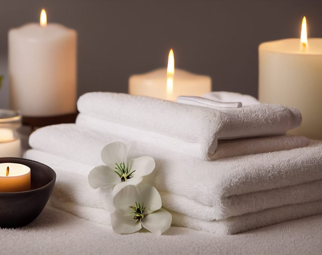 Natural relaxing spa composition, massage table in wellness center with towels,jasmine flowers salt